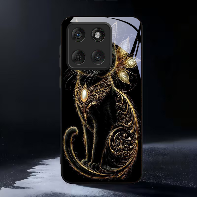 Phone Cases For Motorola - Mystic Golden Pearl Cat Black Glass