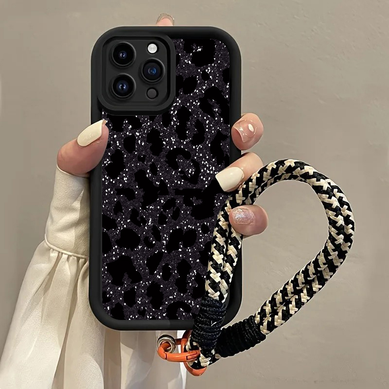 Phone Cases With Straps - Black Spotted Leopard Hang Strap Phone