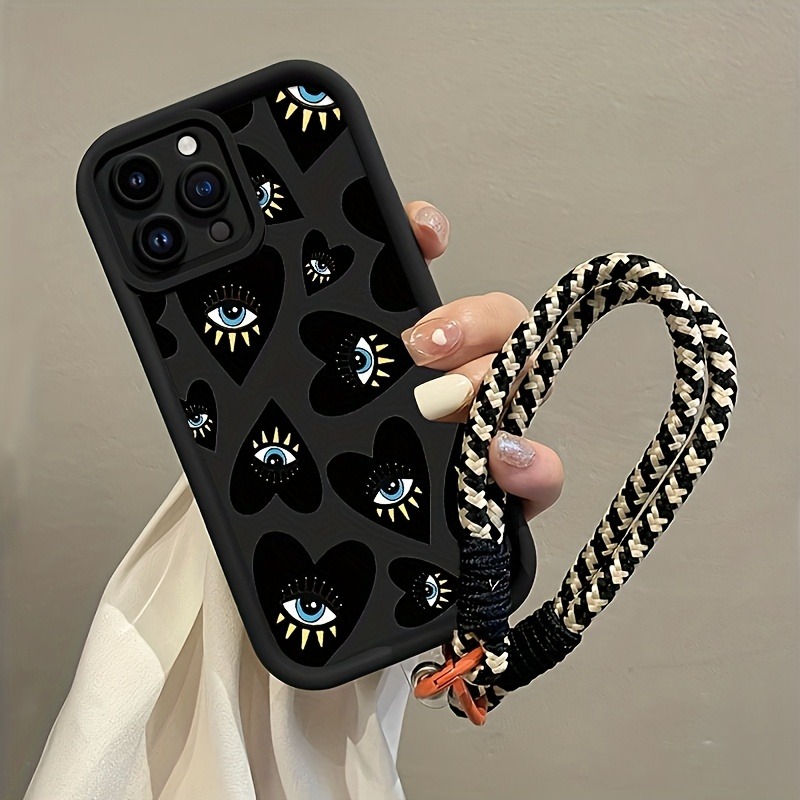 Phone Cases With Straps - Black Love Heart Eye Hang Strap